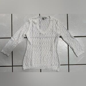 LOFT White V-Neck Openwork Pullover Sweater size XSmall